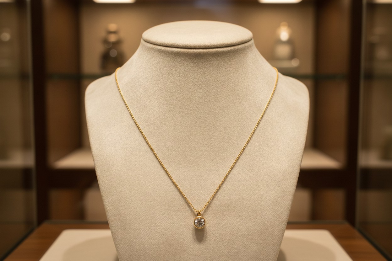 The same necklace draped on a velvet bust in a jewellery showroom